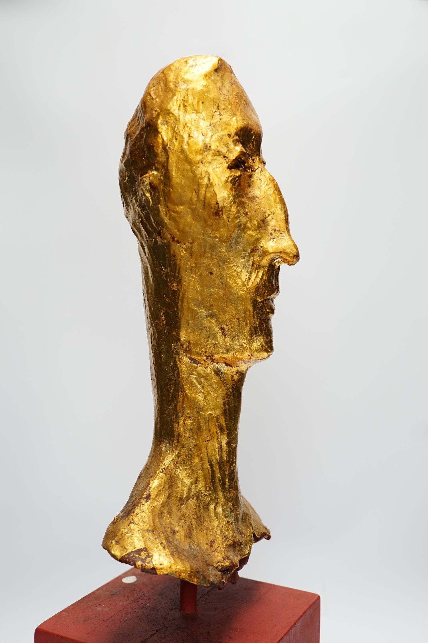 Simon Toone (b.1967), a gilt plaster model of a gentleman’s head on wooden stand, 57cm total